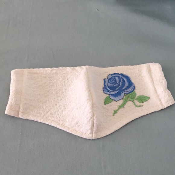 Hand Crafted Accessories - Cream Face Mask W/ Blue Rose & Elastic 2 layers